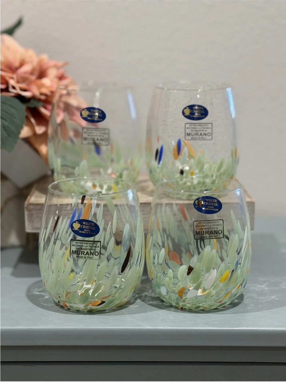 Murano White Cristal SeaGlass green Confetti Glass Stemless Wine Tumbler
Set- 4